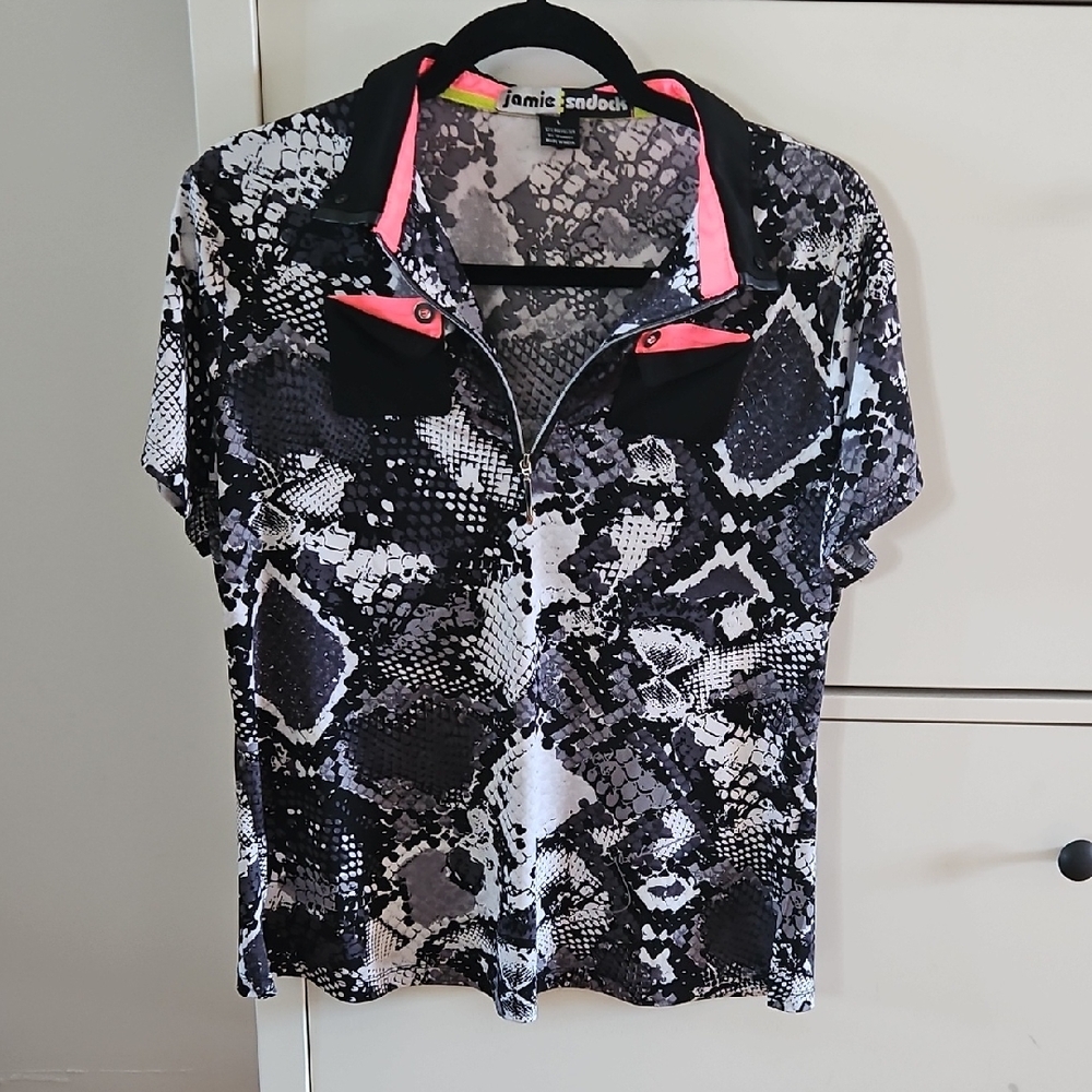 jamie sadock Black & Pink Snake-Print Performance Short Sleeve Polo